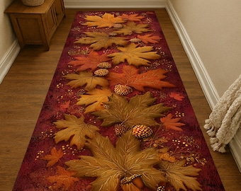 Puede incluir: Una alfombra larga y rectangular con un fondo burdeos y un diseño de temática otoñal. Grandes y detalladas hojas de arce en tonos dorados, naranjas y marrones están esparcidas por la alfombra, junto con bellotas y piñas.