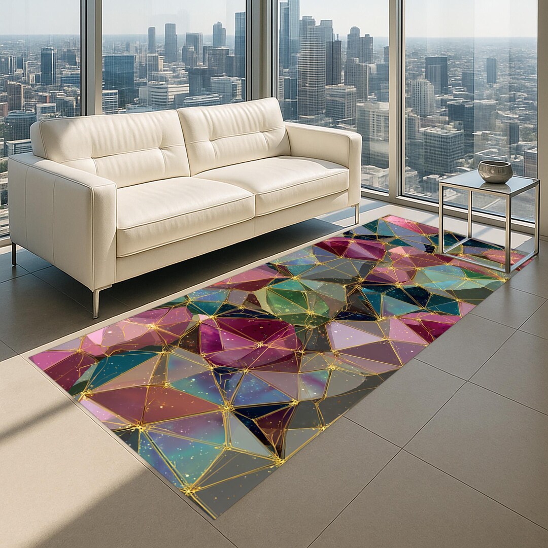 Geometric Crystal Velvet Rug, Gold Line Polygon Design - Etsy