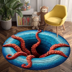 May include: A circular rug with a striking design of an octopus. The rug features red tentacles emerging from a blue hole, with a gradient of blue shades. A unique and eye-catching floor covering.