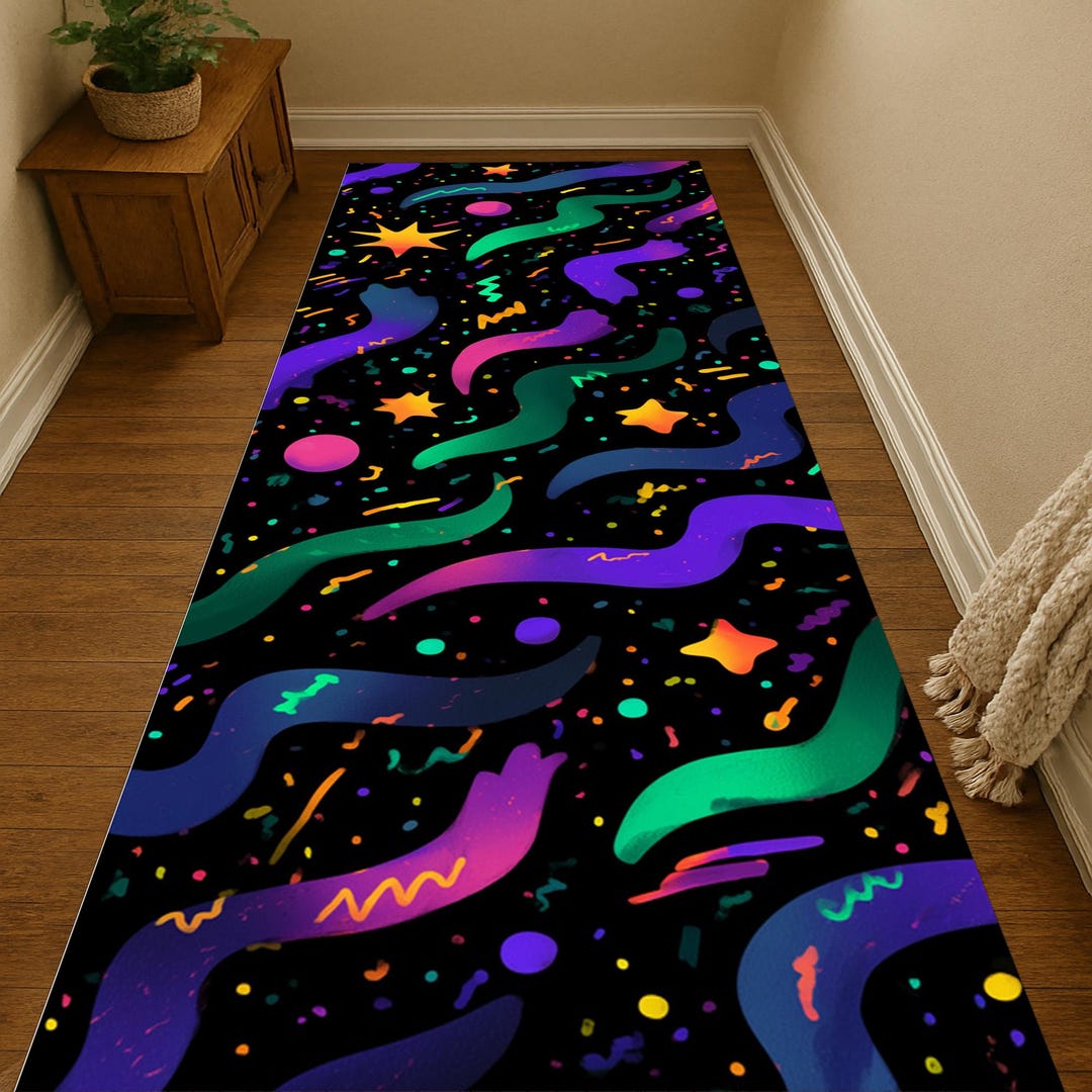 Confetti Kids Rug Abstract Confetti Runner Rug: Neon Shapes on Black, Playful Party ...