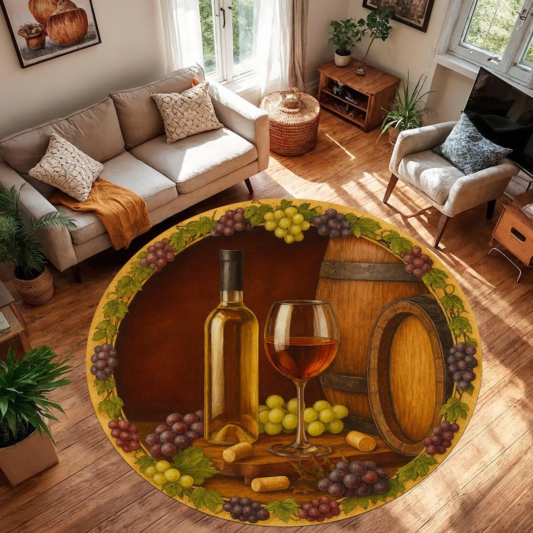 Wine Barrel Art Rug: Rustic Grape Bottle Carpet, Warm Brown Vineyard ...