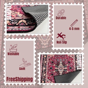 May include: A red and black patterned rug with a non-slip backing. The rug is washable, soft, and durable, with a thickness of 4-5 mm. The word "SAMPLE" is visible on the rug.