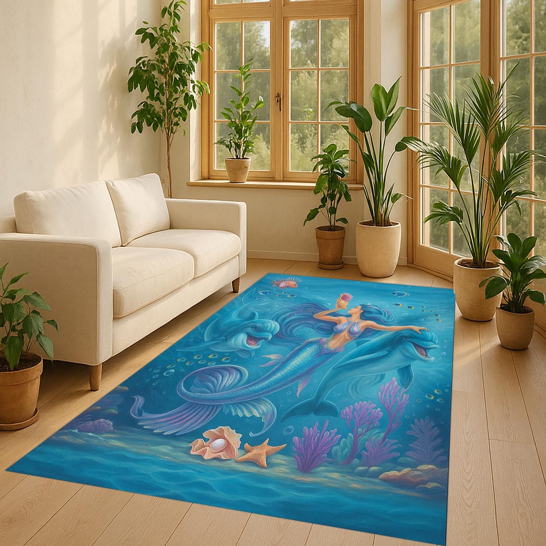 Aquatic Rug Mermaid Fantasy Rug: Teal Blue Underwater Carpet With Ocean Ruins Scene ...