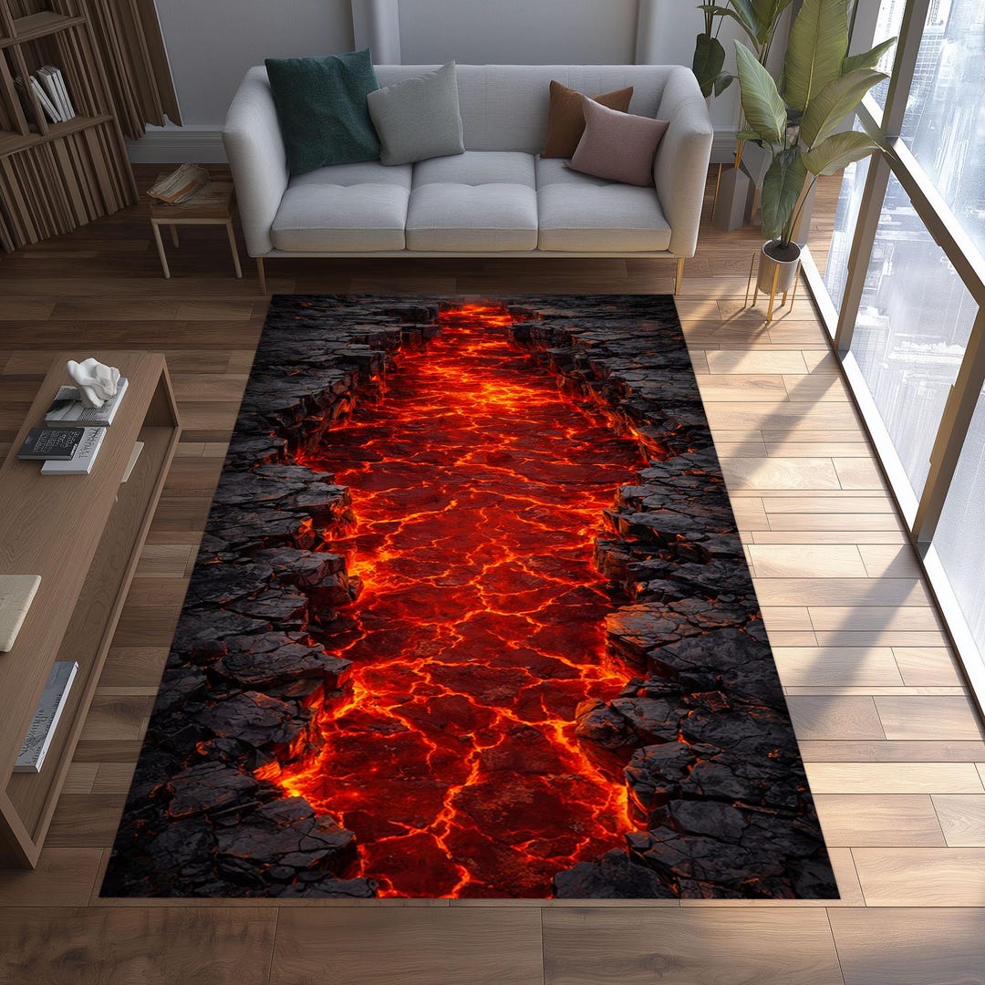 Balcanic Rug Volcanic Lava Rug: Fiery Red River Carpet, Cracked Earth Illusion Decor ...