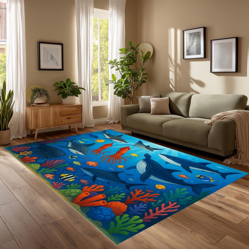 May include: A rectangular area rug with a vibrant underwater scene. The rug features a deep blue background with illustrations of various marine life, including sharks, whales, and colorful fish. Coral and seaweed add to the aquatic theme.