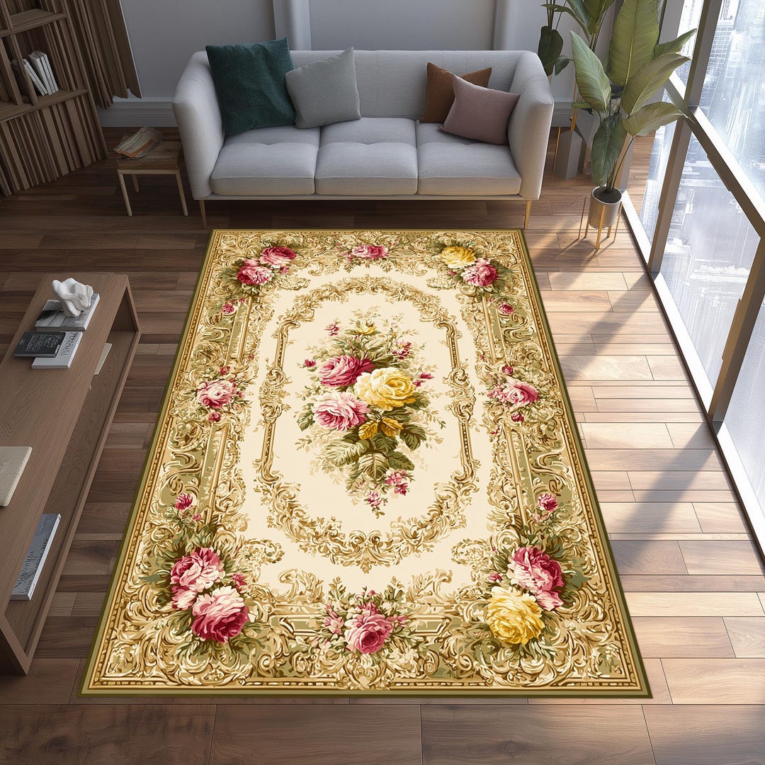 Round Baroque Rug Floral Baroque Rug: Ornate Gold Frame, Pink Yellow Roses, Classic ...