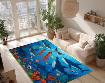 Tappeto Ocean Sea Life: design con squali, balene e calamari, motivo corallo colorato, decorazione per la cameretta dei bambini