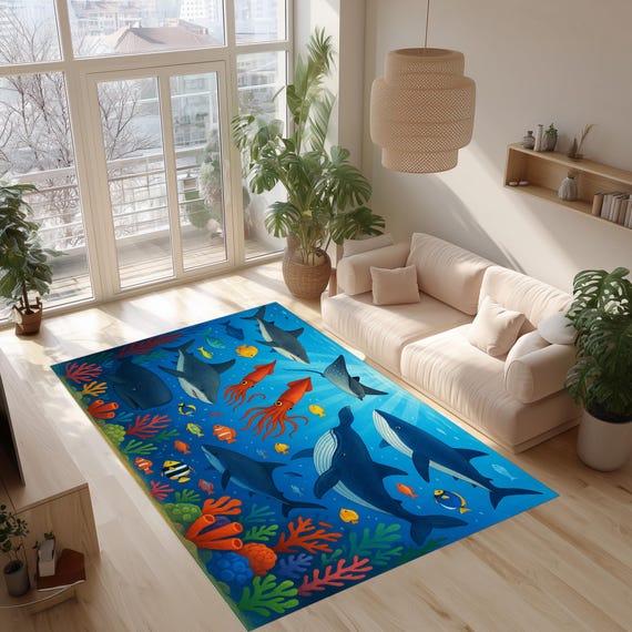 Ocean Sea Life Rug: Shark Whale Squid Design, Colorful Coral Pattern, Kids Room Decor