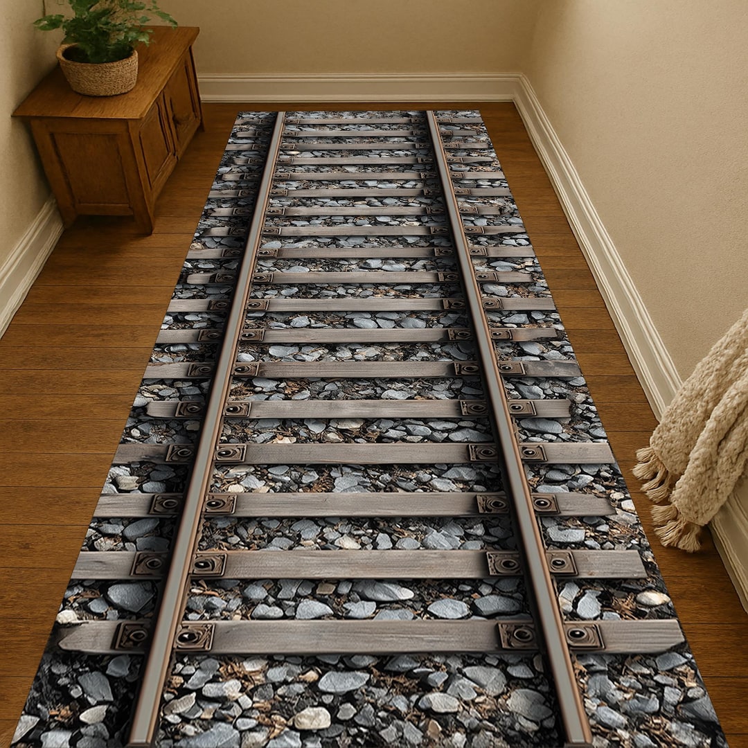 Ariva Train Rug 3D Railway Track Rug: Realistic Train Line Carpet, Stone Gravel Pattern ...