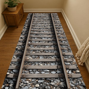 3D Railway Track Rug: Realistic Train Line Carpet, Stone Gravel Pattern Runner, Modern Decor