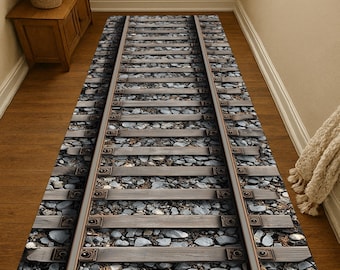 Alfombra 3D con vías de tren: Alfombra realista con diseño de líneas de tren, con estampado de grava y piedra, decoración moderna.