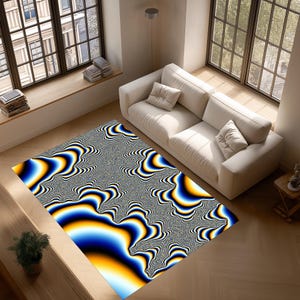 May include: A rectangular area rug with a vibrant, abstract design. The rug features a pattern of swirling shapes in shades of blue, yellow, and orange against a gray background. The rug is placed in a living room setting with a white sofa and large windows.