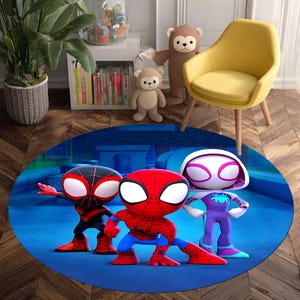 Spider Team Round Rug: Cartoon Web Heroes Carpet, Blue Action Design, Kids Room Decor