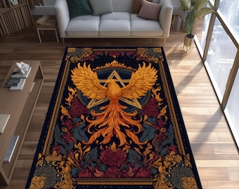 Phoenix Firebird-vloerkleed: mythisch goudgevleugeld wezen, gotisch pentagram luxe kunstdecortapijt