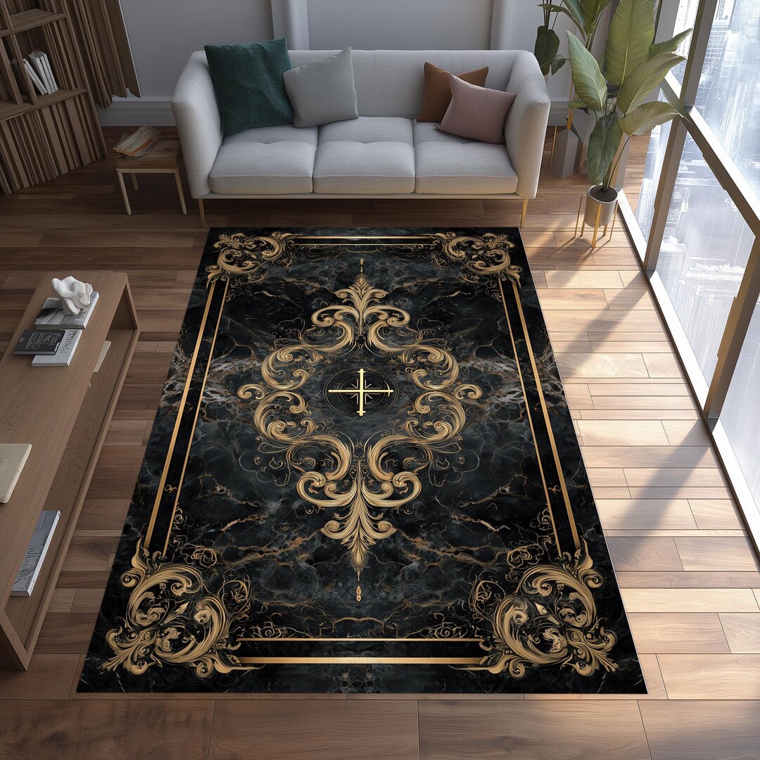 Black Gold Baroque Rug: Luxury Ornate Design, Elegant Royal Pattern ...