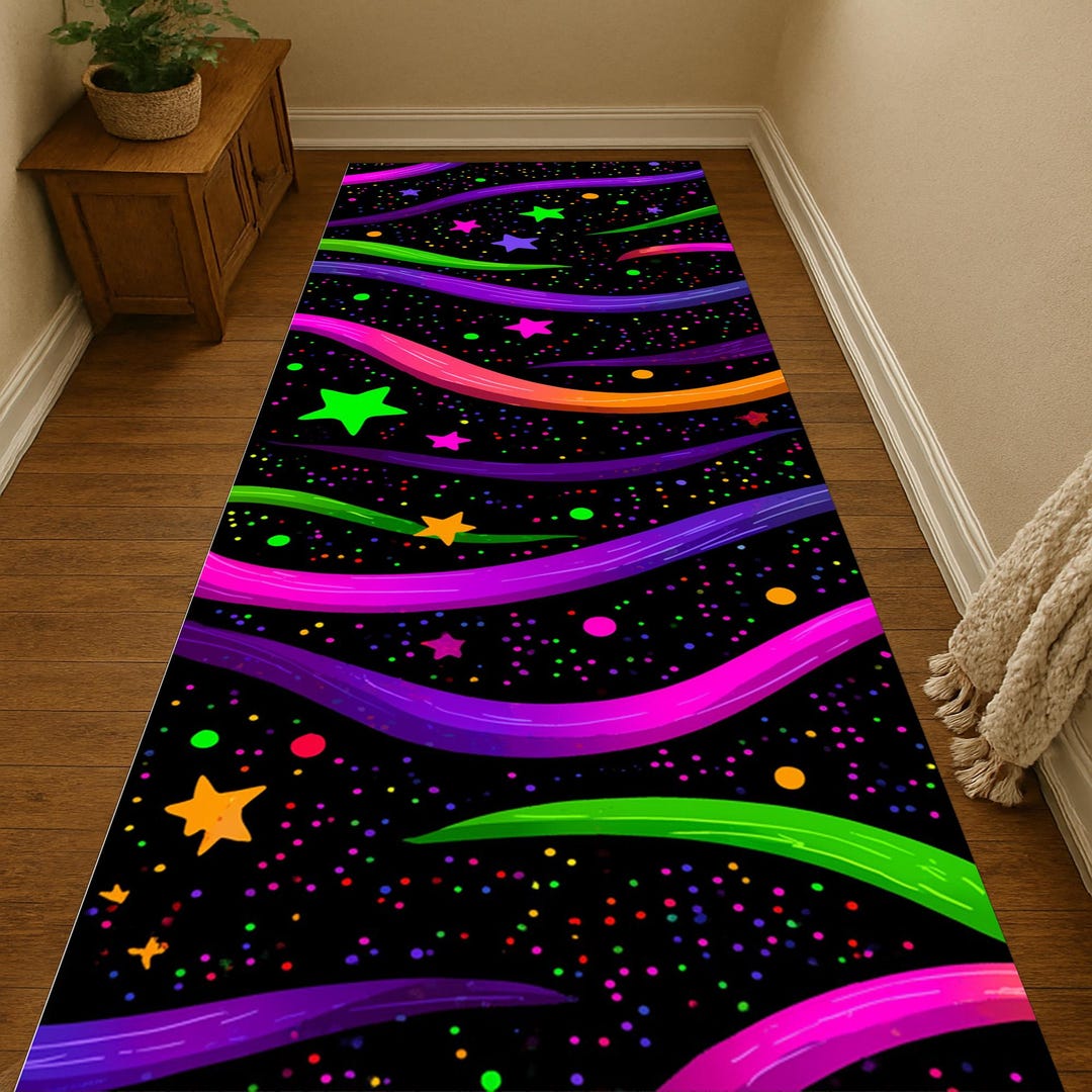 Neon Stars Runner Rug: Rainbow Waves on Black, Bright Galaxy Colors ...