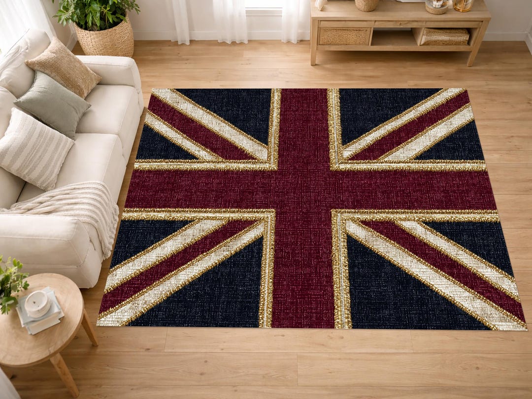 Union Jack Rugg Union Jack Rug: British Flag Carpet, Gold Trim, Textured Weave ...
