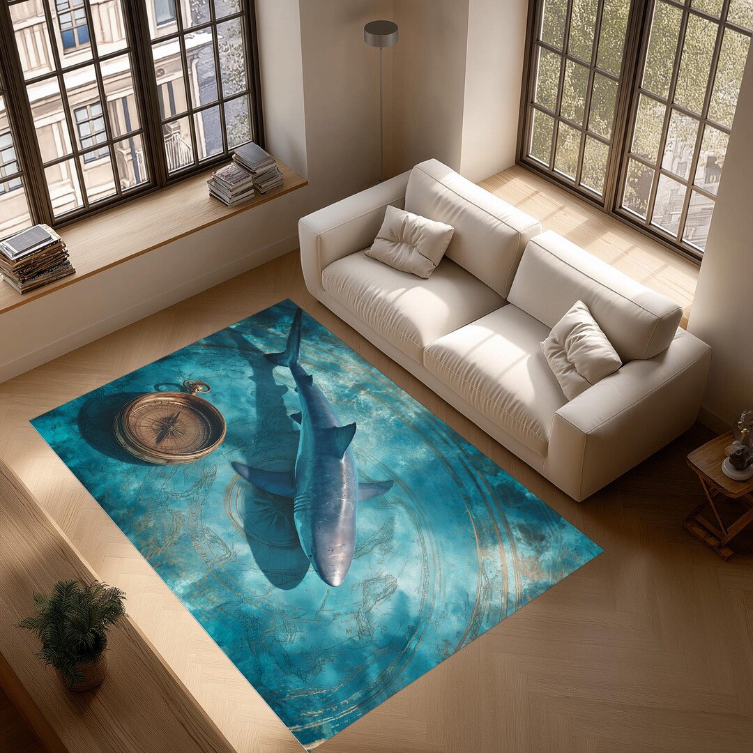 Blue Compass Rug Shark Ocean Rug: Deep Blue Compass Carpet, Underwater Sea Life Design ...