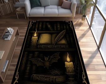 Mystic Library Rug: Candlelight Bat Carpet, Gothic Book Decor, Dark Study Room Accent