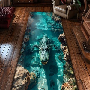 May include: A rectangular rug featuring a 3D design of an alligator in turquoise water. The rug depicts rocks and aquatic plants realistically. It is placed on a wooden floor, creating an illusion of depth.