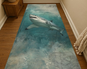 Shark Ocean Runner Rug: Nautical Compass Design, Non-Slip Velvet