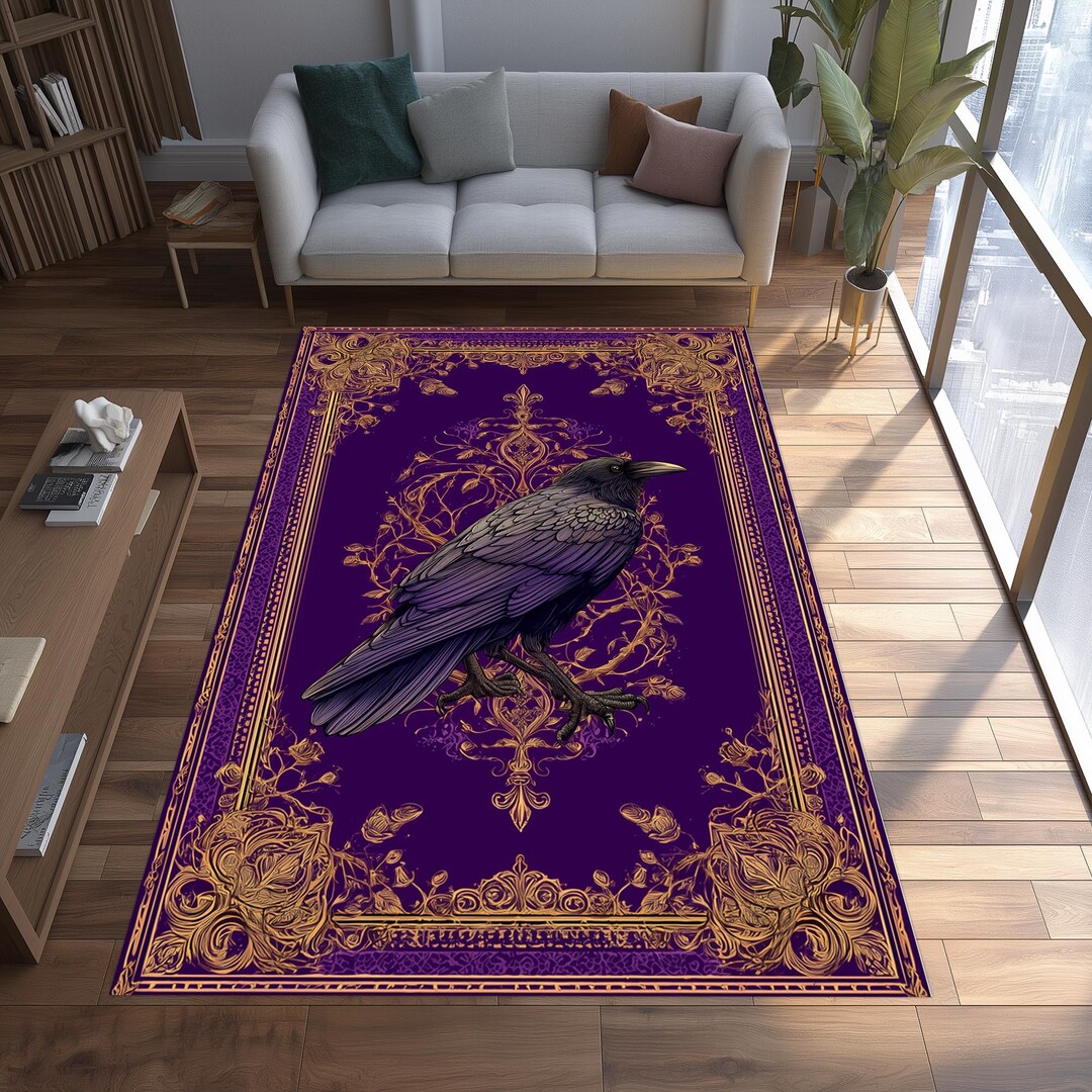 Gothic Raven Rug: Baroque Gold Frame Design, Deep Purple Background ...