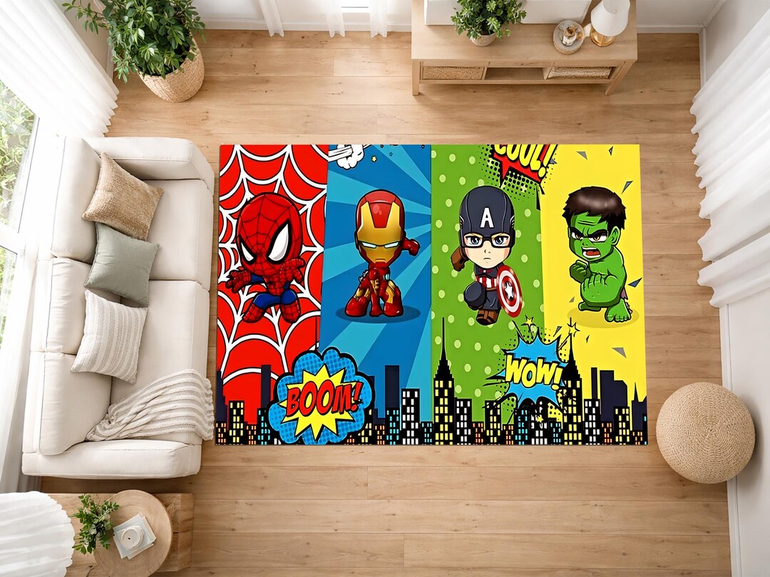 Action Figure Rug Superhero Kids Rug, Comic Style Cartoon Hero Carpet, Colorful Playroom ...