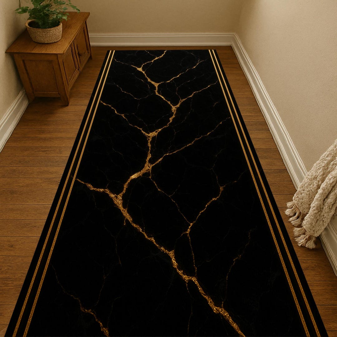Black Marble Rug: Gold Vein Texture Carpet, Elegant Luxury Design ...