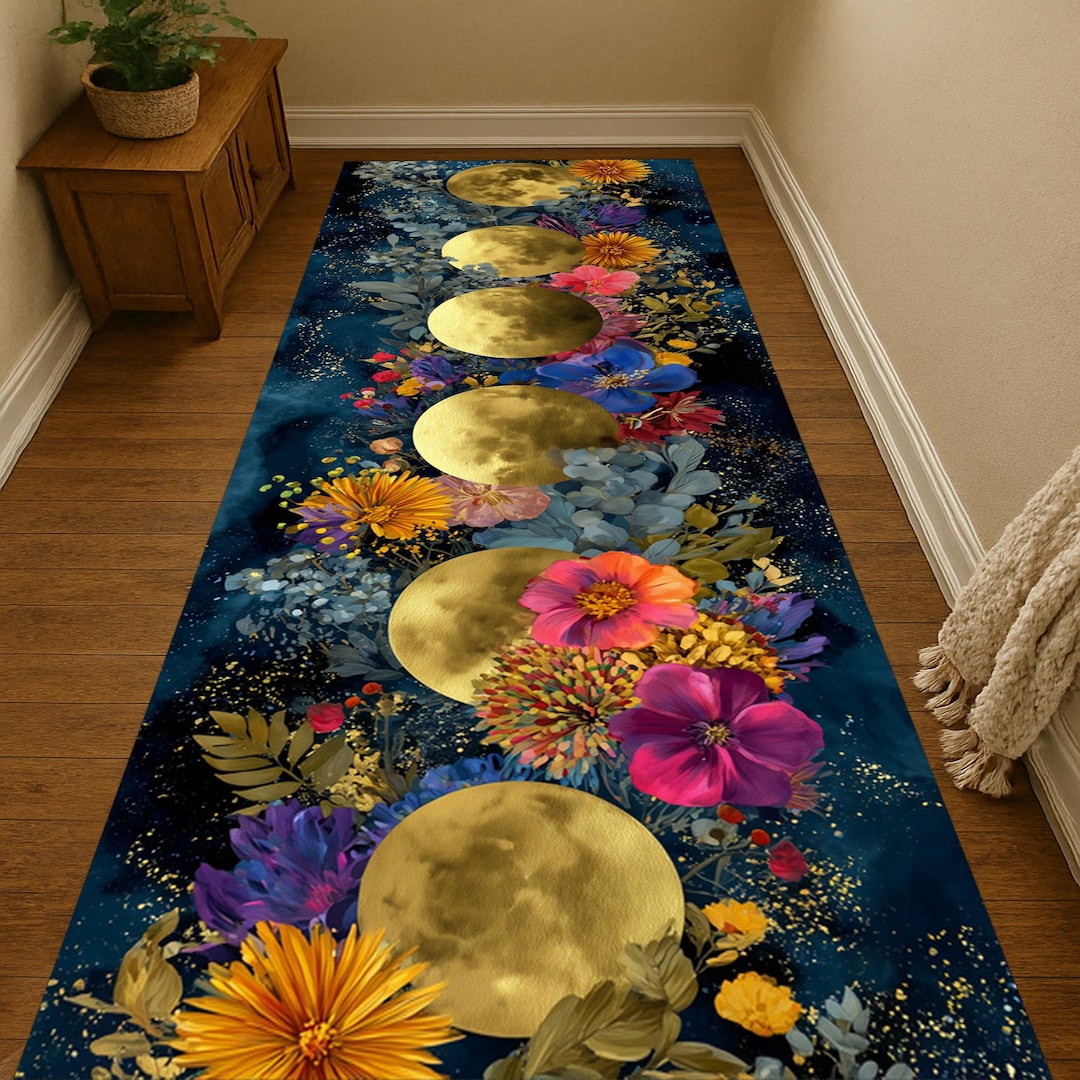 Yellow Moon Rug Golden Moon Phases Runner Rug: Floral Cosmic Design, Night Sky ...