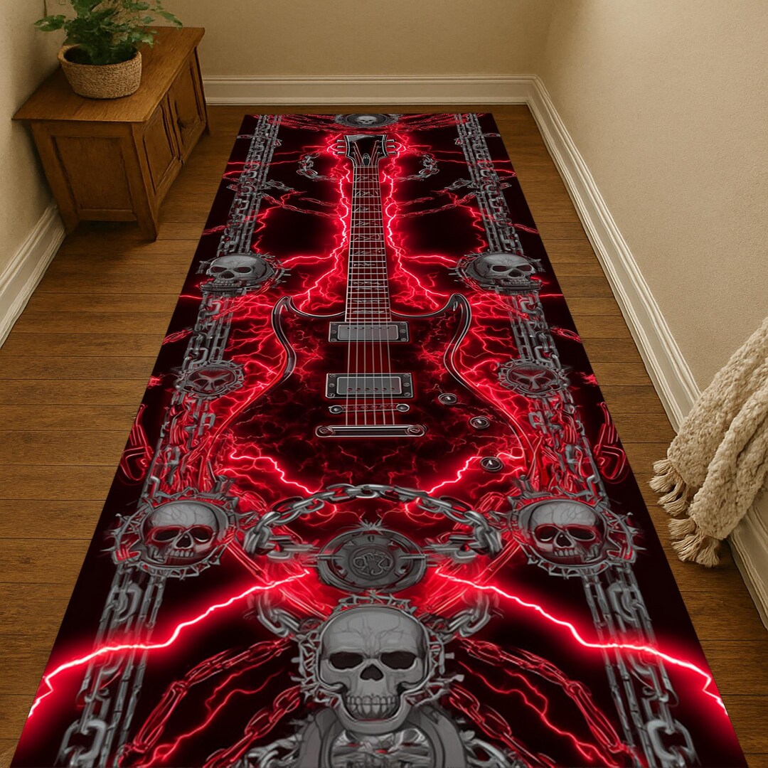 Electric Guitar Skull Runner Rug: Red Lightning Chains Design, Heavy ...