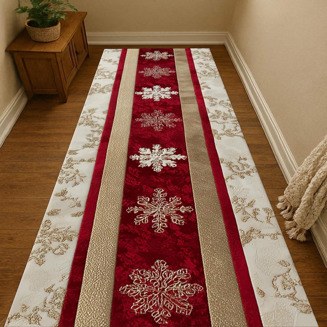 Snowflake Christmas Runner Rug: Red Gold Holiday Design, Elegant Winter ...