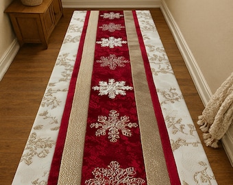 Snowflake Christmas Runner Rug: Red  Gold Holiday Design, Elegant Winter Xmas Festive Decor Carpet