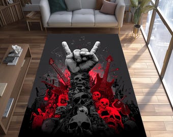 Rock Hand Skull Guitar Rug: Rockn Roll Music Decor, Heavy Metal Home Decor Carpet