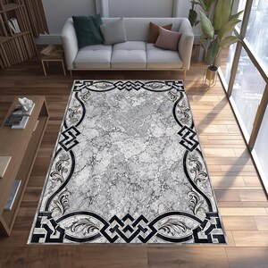Gray Marble Area Rug, Black and White Luxury Carpet, Elegant Baroque Border Rug, Modern Greek Key Rug, Classic Living Room Floor Decor