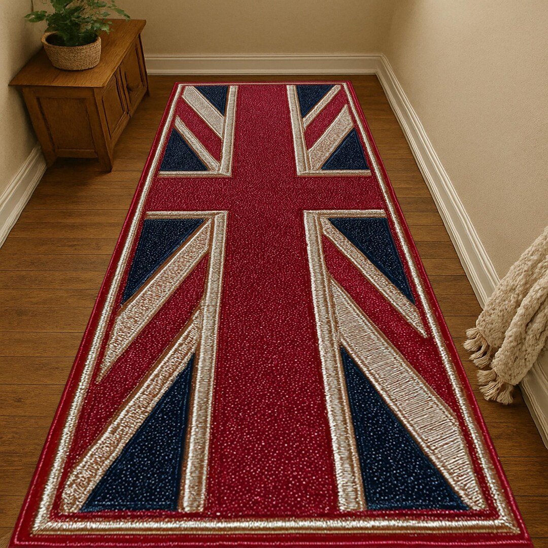 Union Jack Rugg Union Jack Runner Rug: British Flag Carpet, Gold Trim, Textured Weave ...