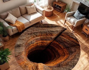 Abyss Canyon Round Rug: Optical Illusion Rock Texture 3D Floor Decor Modern Living Room