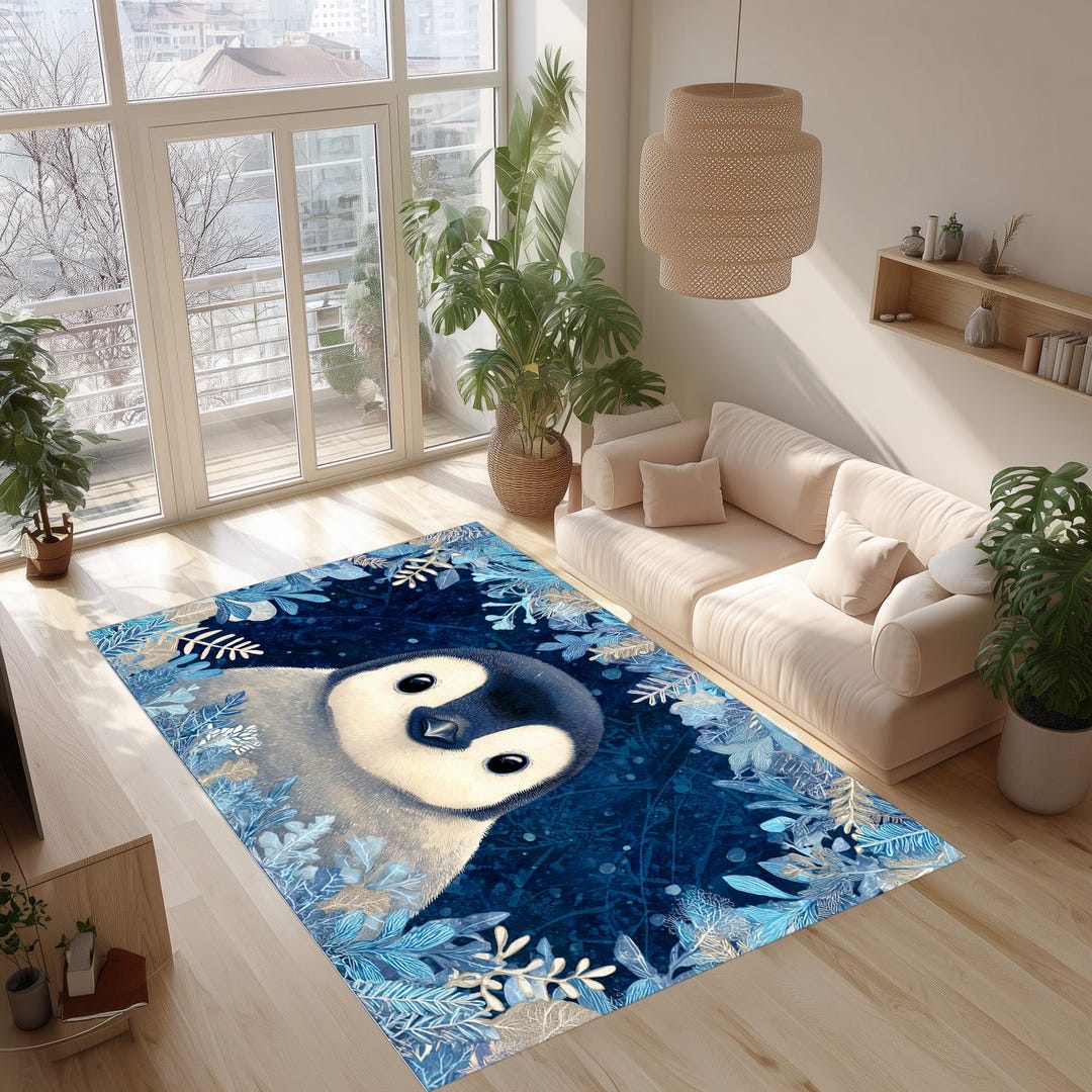 Penguin Winter Rug: Frosty Blue Arctic Animal Home Decor - Etsy