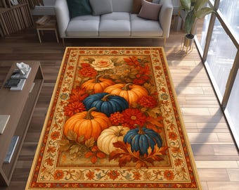 Puede incluir: Alfombra rectangular con un tema de cosecha de otoño. La alfombra presenta calabazas naranjas, blancas y azules rodeadas de flores y follaje rojo y naranja. El borde tiene un diseño floral detallado.