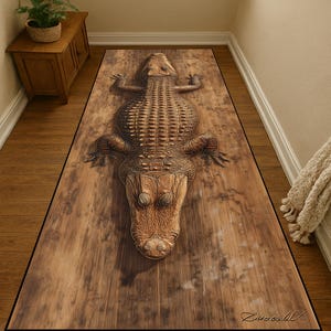 May include: A rectangular brown rug with a detailed alligator design. The rug has a wood-grain effect, with the alligator's body and head clearly visible. The design includes the alligator's scales and facial features, creating a realistic appearance.