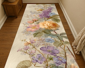 Floral Garden Rug: Pastel Purple Peach Bloom Carpet, Elegant Botanical Design Artistic Home Decor