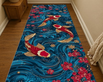 Koi Fish Runner Rug: Red Gold Carp With Cherry Blossoms, Blue Water Flow Design