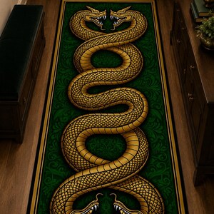 Könnte beinhalten: Ein rechteckiger, grün-goldener dekorativer Teppich mit einem symmetrischen Design aus zwei goldenen Schlangen, die sich gegenüberstehen. Die Schlangen sind ineinander verschlungen und erzeugen ein auffälliges visuelles Muster. Der Teppich hat einen schwarzen Rand.