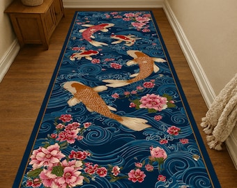 Koi Fish Runner Rug: Japanese Cherry Blossom Water Design, Tranquil Asian Art Decor Carpet