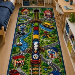 Pode incluir: Um tapete de brincar colorido para crianças com um design de trilhos de comboio e um comboio azul sorridente. O tapete inclui ilustrações de um quartel de bombeiros, uma esquadra da polícia, uma loja, um correio e um autocarro escolar.