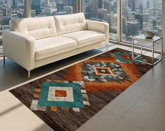 May include: A rectangular area rug with a Southwestern design. The rug features a dark brown background with geometric patterns in shades of orange, teal, and white. The rug is placed in front of a white sofa near a large window.