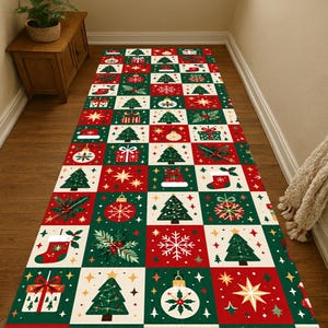 Christmas Patchwork Runner Rug: Red Green Checkered Pattern, Festive Trees, Snowflakes, Ornaments, Holiday Carpet