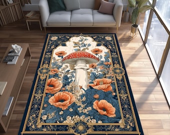 Mushroom Forest Rug: Botanical Floral Frame, Nature Home Decor