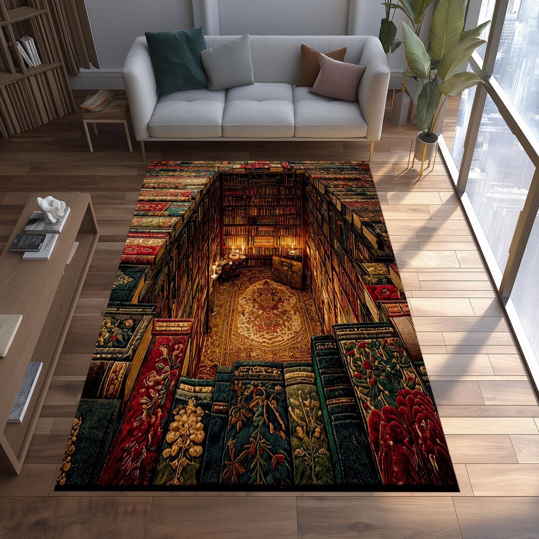 Mystic Library Rug: 3D Bookshelf Illusion Literary Carpet Dark Optical ...