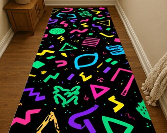 Retro Memphis Runner Rug: Colorful 80s Geometric Pattern, Black Neon Background, Modern Home Design