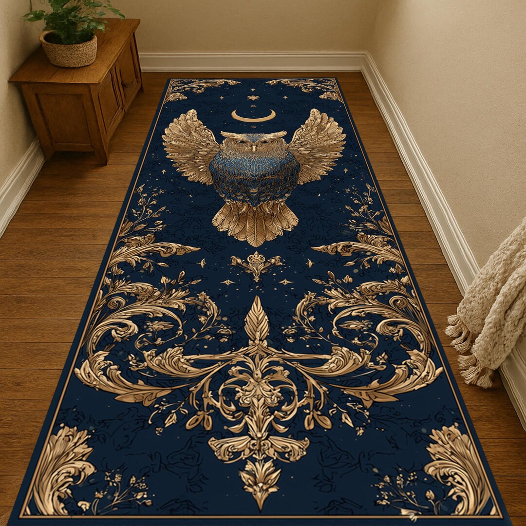 Golden Owl Runner Rug: Blue Night Sky Crescent Moon Design, Elegant ...